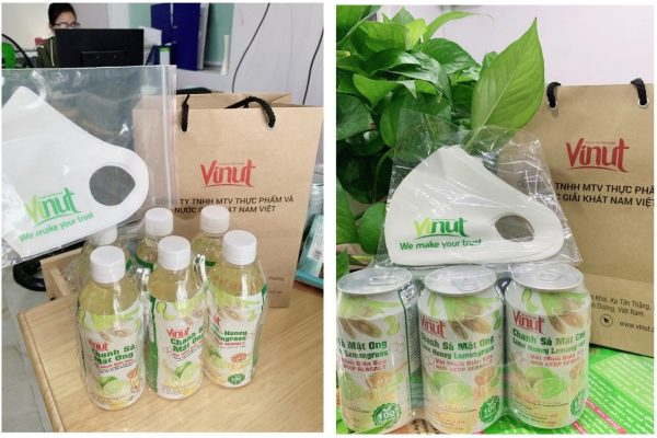 Hình ảnh phần quà 06 lon/chai nước chanh sả mật ong và 02 khẩu trang kháng khuẩn